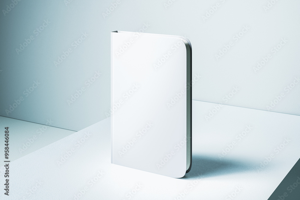 Empty closed white notebook with mock up place on light desk and concrete wall background background. Back to school, education and supplies concept. 3D Rendering. Empty closed white notebook with mock up place on light desk and concrete wall background background. Back to school, education and supplies concept. 3D Rendering.
