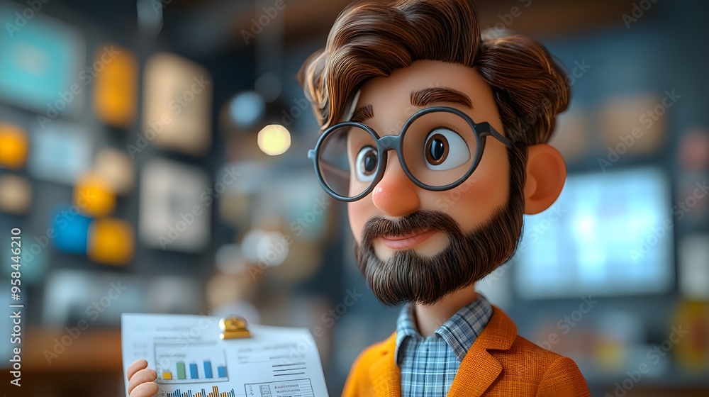 3D cartoon rendering of an entrepreneur analyzing a business plan, focusing on current goals and future strategies. 3D cartoon rendering of an entrepreneur analyzing a business plan, focusing on current goals and future strategies.