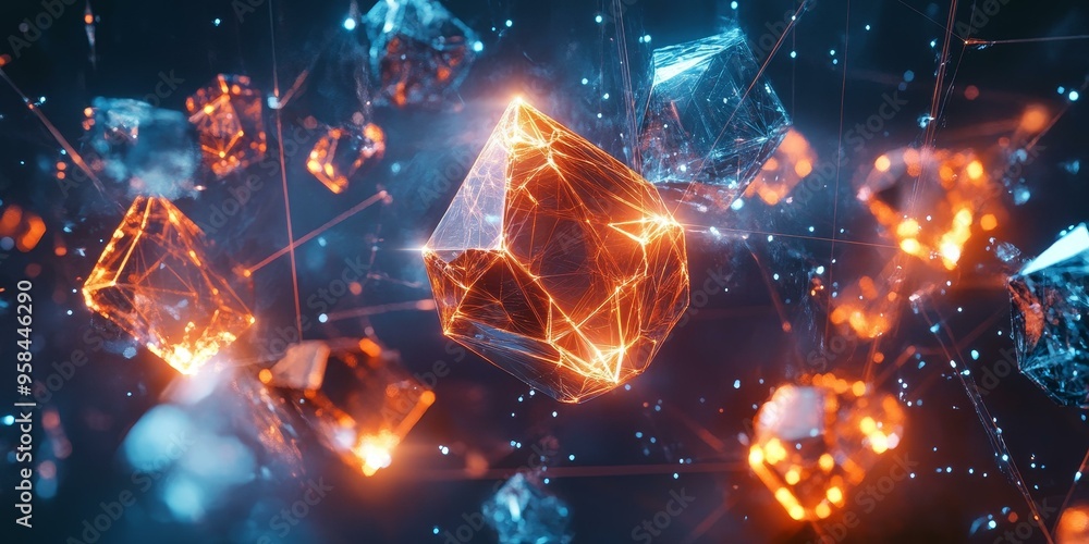 Glowing geometric shapes in a dark space. Glowing geometric shapes in a dark space.