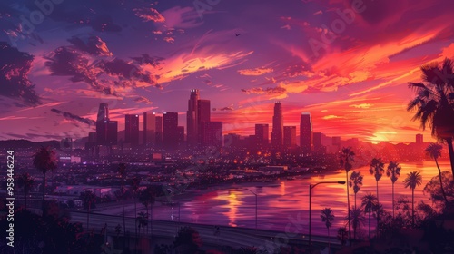 Present the Los Angeles skyline during a vibrant sunset, with hues of orange and pink painting the sky