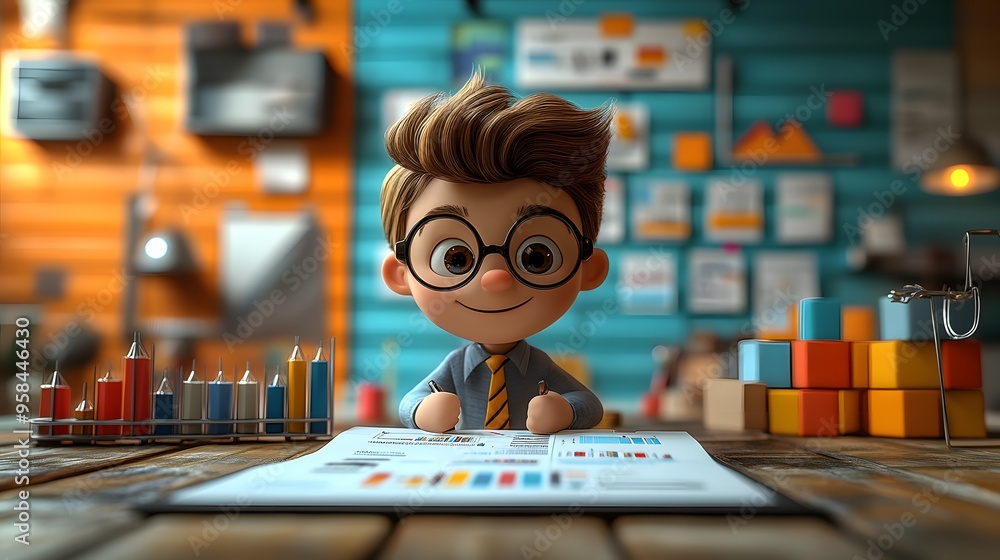 Fototapeta premium 3D cartoon rendering of an entrepreneur reviewing a business plan, concentrating on current goals and strategic planning.