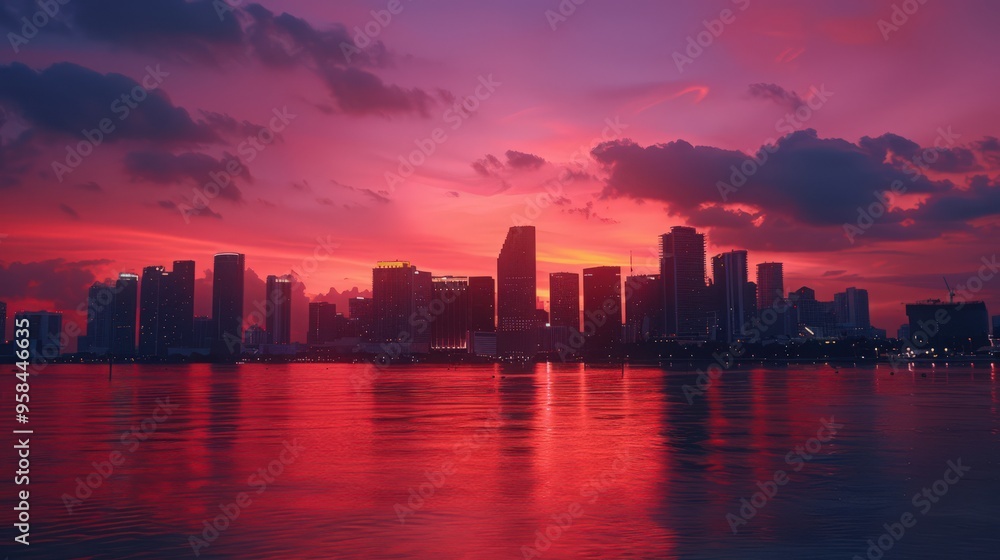 Present the Miami skyline during a sunset, with hues of orange and pink casting a warm glow over the city. Present the Miami skyline during a sunset, with hues of orange and pink casting a warm glow over the city.