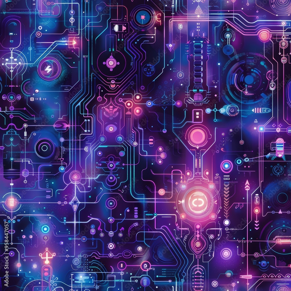 Fototapeta premium Abstract digital art with glowing circuit boards and vibrant colors.