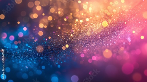 A close-up shot of an abstract colorful sparkle background, with dazzling hues of blue, pink, and gold, radiating a soft glow