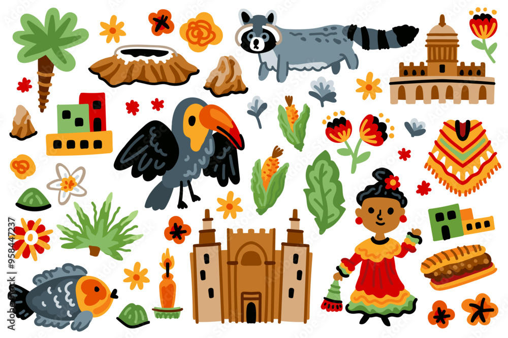 Fototapeta premium Set of Latin American elements. Symbols of Mexico. Nature, animals, characters, objects. For maps and children's designs. Travel landmarks illustrations. Cartoon style. Childish artwork