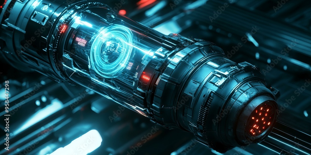 Futuristic metallic object with glowing blue and red lights. Futuristic metallic object with glowing blue and red lights.