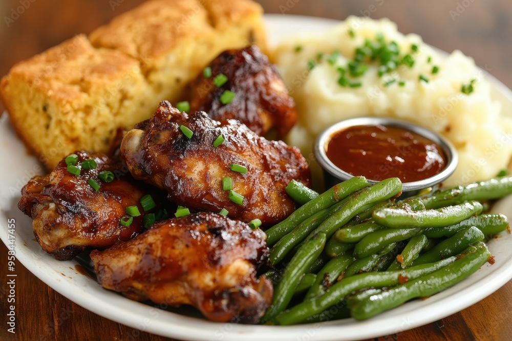 A plate of delicious food featuring chicken wings, green beans, mashed potatoes, and cornbread. A plate of delicious food featuring chicken wings, green beans, mashed potatoes, and cornbread.