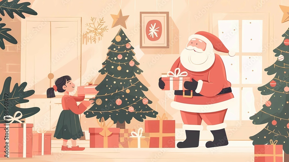 A postcard with the image of a cute little joyful beautiful girl receiving gifts from a cheerful Santa Claus at home near the Christmas tree A postcard with the image of a cute little joyful beautiful girl receiving gifts from a cheerful Santa Claus at home near the Christmas tree