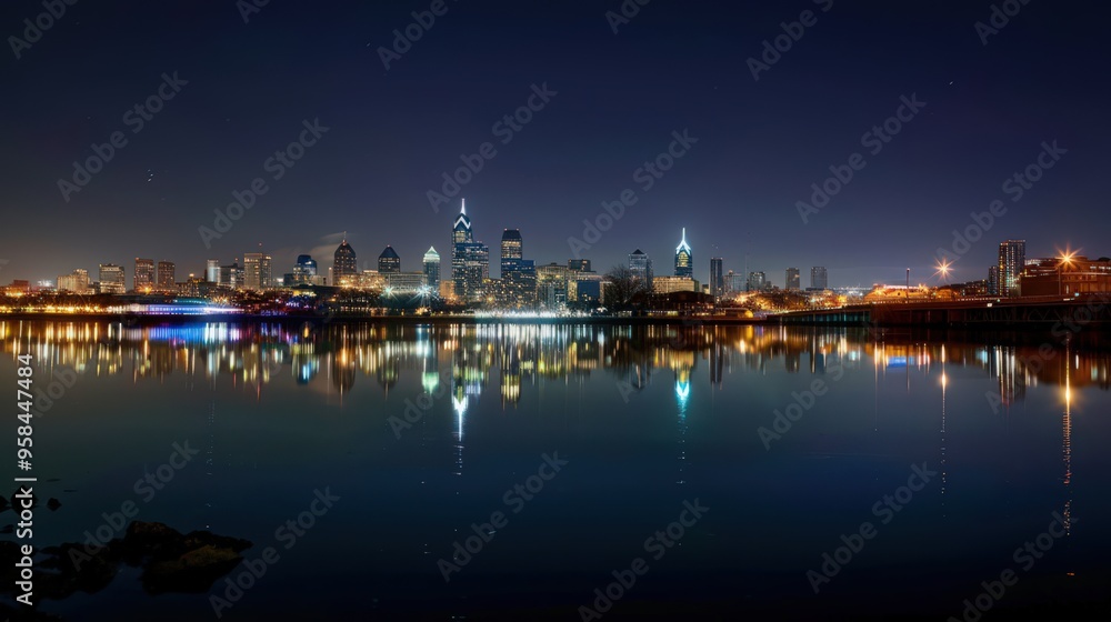 Present the Philadelphia skyline under a clear night sky, with the city lights reflecting on the calm waters Present the Philadelphia skyline under a clear night sky, with the city lights reflecting on the calm waters