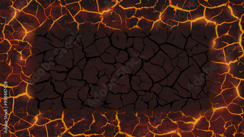 Pattern of molten lava with cracks. Copy space and frame for text. Vector background.