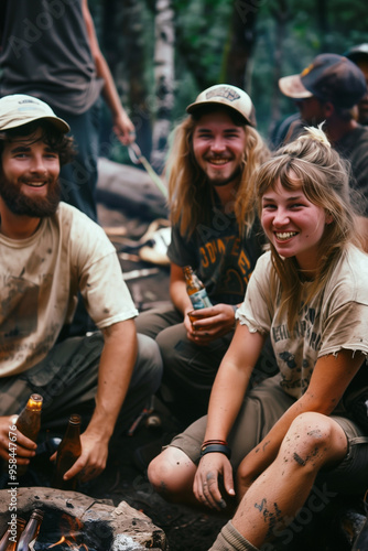 Group of Friends Toasting Around Bonfire in the Evening