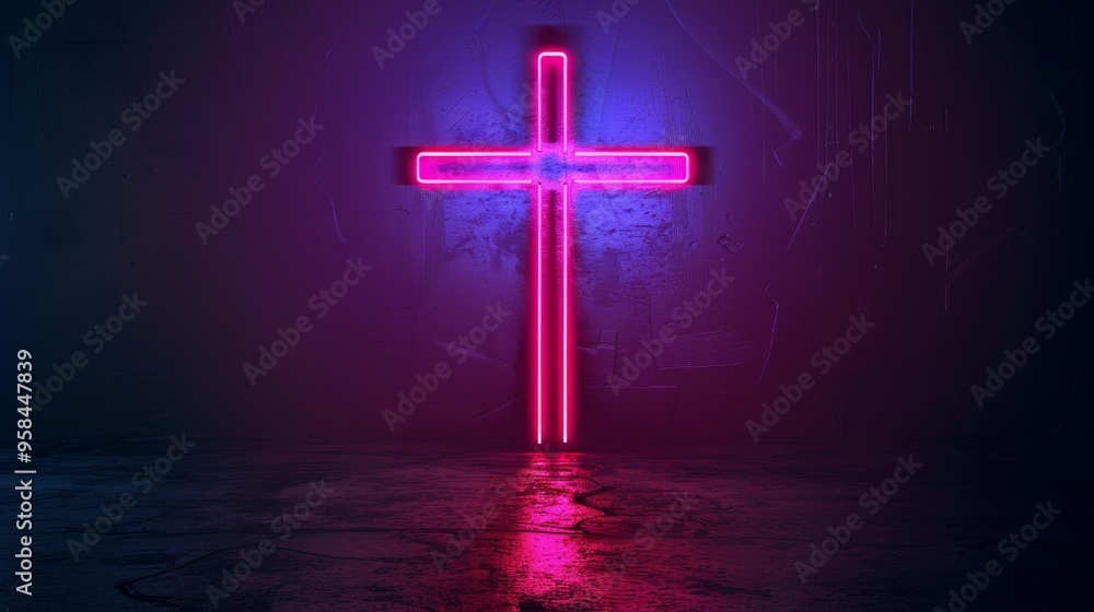 Photo of a neon Christian cross sign on a black background. Vector illustration. Photo of a neon Christian cross sign on a black background. Vector illustration.