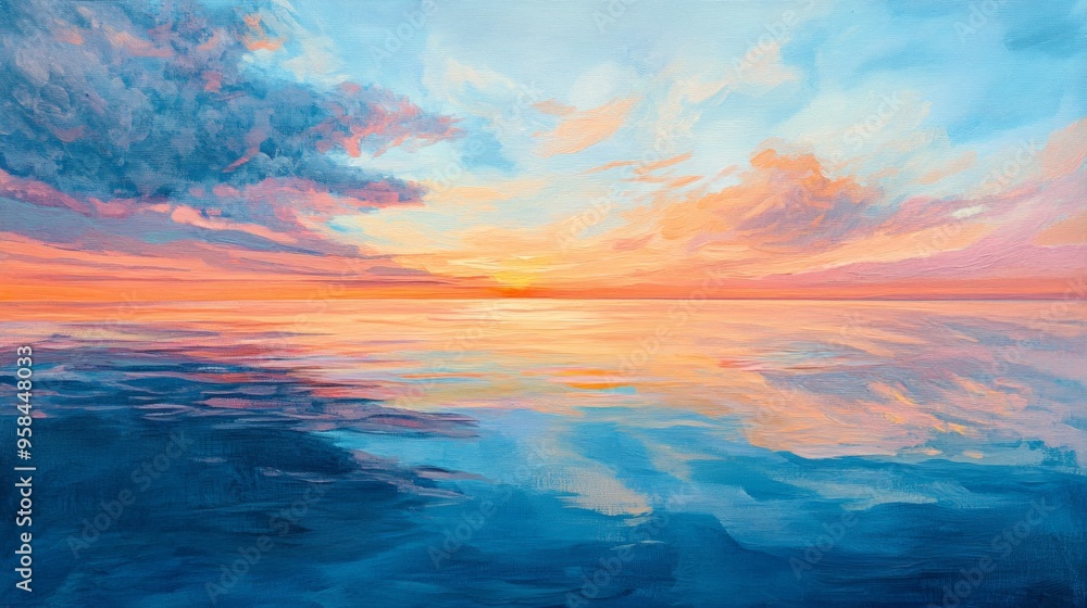 Vibrant Coastal Sunset, an enchanting scene where brilliant hues of orange and pink blend seamlessly into the horizon, illuminating the tranquil waters of the sea Vibrant Coastal Sunset, an enchanting scene where brilliant hues of orange and pink blend seamlessly into the horizon, illuminating the tranquil waters of the sea