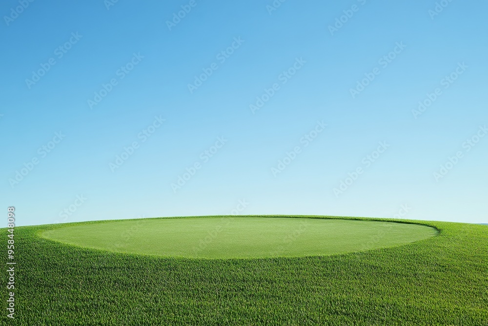 Obraz premium Perfectly manicured golf green with a vibrant blue sky on a sunny day, showcasing the serene beauty of a professional golfing landscape