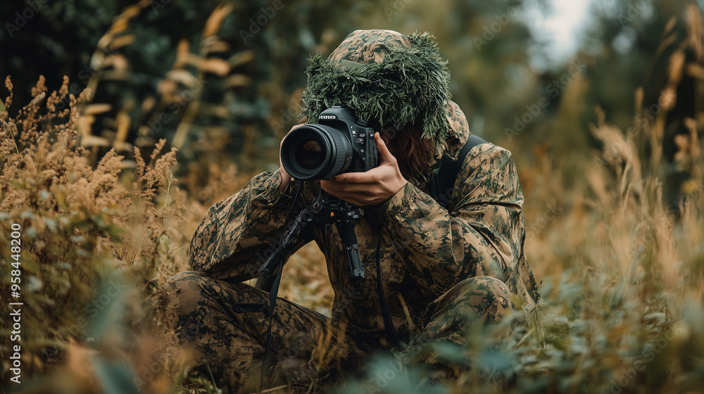 Wildlife Photographer in Camouflage Setting Up Camera in Natural Habitat Wildlife Photographer in Camouflage Setting Up Camera in Natural Habitat