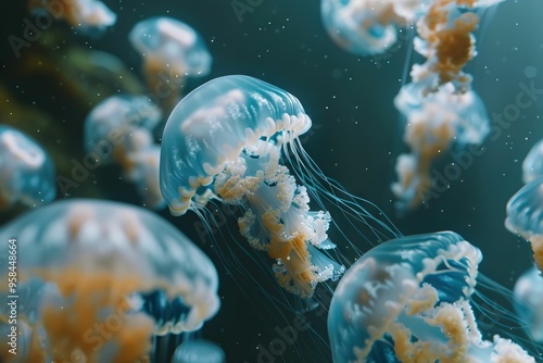 Blue jellyfish group in ocean.