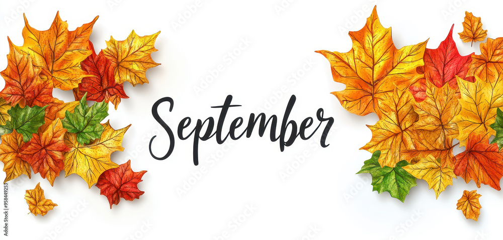 September text with orange and yellow autumn leaves September text with orange and yellow autumn leaves