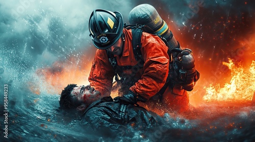 Firefighter saving a comrade or person in a dangerous fire scene, AI generated image