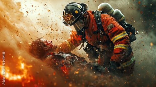 Firefighter saving a comrade or person in a dangerous fire scene, AI generated image photo