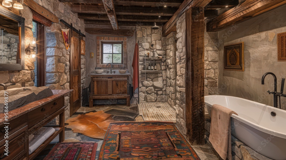 The rustic bathroom with exposed wooden beams, stone accents, and vintage fixtures offers a warm and inviting atmosphere The rustic bathroom with exposed wooden beams, stone accents, and vintage fixtures offers a warm and inviting atmosphere