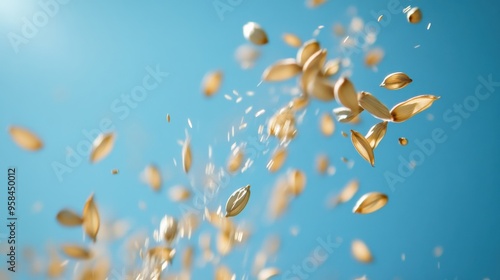 Macro shot of seeds being dispersed by wind, floating gracefully against a clear blue sky, emphasizing the natural spread of plant life photo