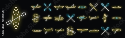 Glowing vector illustration of canoe and kayak with paddle in neon style, perfect for any outdoor activity
