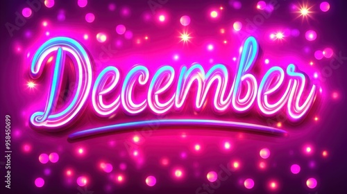 Bright pink neon 'December' with glowing lights and stars.