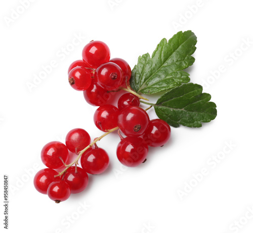 Fresh ripe red currant berries with green leaves isolated on white, top view