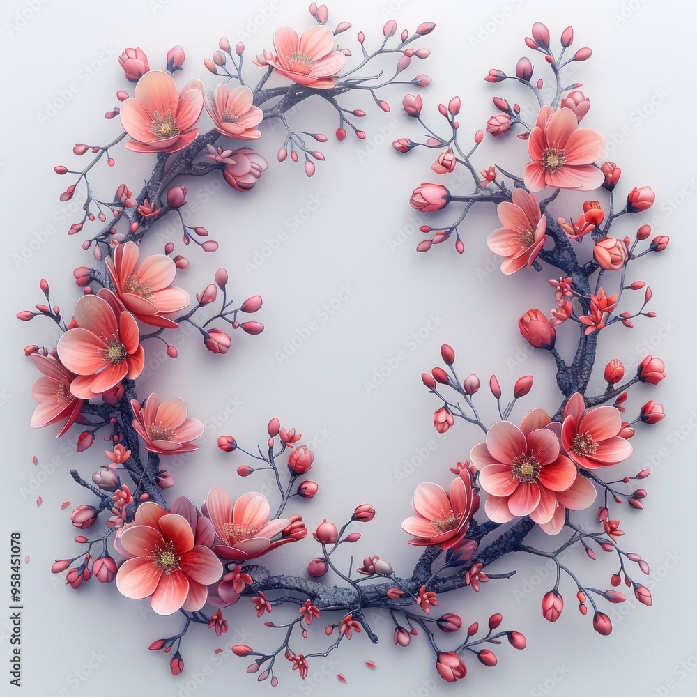 3D realistic circular wreath of flowers with ribbon on a white background 3D realistic circular wreath of flowers with ribbon on a white background