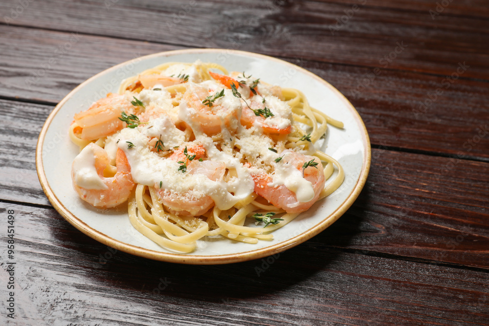 Tasty pasta with shrimps, creamy sauce and cheese on wooden table, closeup Tasty pasta with shrimps, creamy sauce and cheese on wooden table, closeup