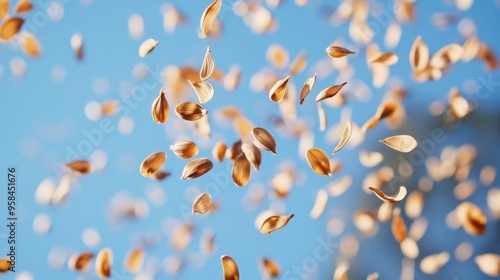 Macro shot of seeds being dispersed by wind, floating gracefully against a clear blue sky, emphasizing the natural spread of plant life photo