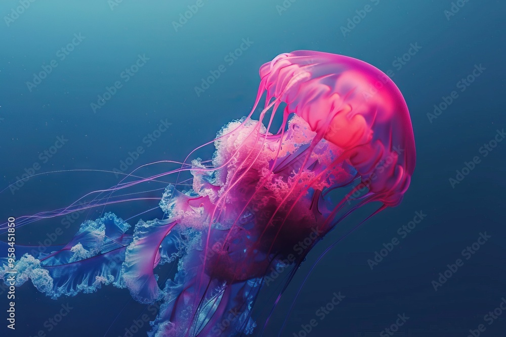 Fototapeta premium Vibrant pink Pacific sea nettle jellyfish on blue background.