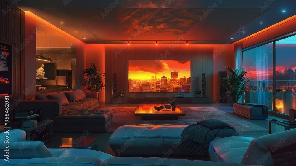 Modern living room with a large screen displaying a dramatic cityscape sunset. The room is lit with warm and cool tones for a cozy and inviting atmosphere. Modern living room with a large screen displaying a dramatic cityscape sunset. The room is lit with warm and cool tones for a cozy and inviting atmosphere.