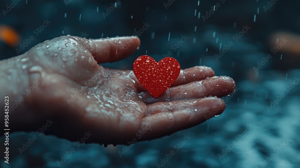 A close-up of a hand holding a small, red paper heart in the rain A close-up of a hand holding a small, red paper heart in the rain