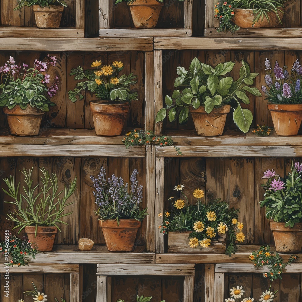 Rustic wooden shelves with potted plants and flowers in a vintage, farmhouse style. Rustic wooden shelves with potted plants and flowers in a vintage, farmhouse style.