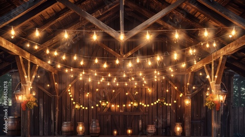 Rustic wooden barn interior with warm string lights and candles creating a cozy and romantic ambiance.