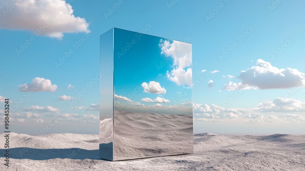 A stainless steel square mockup with a polished surface, reflecting an image of a lush green forest, symbolizing environmental preservation. A stainless steel square mockup with a polished surface, reflecting an image of a lush green forest, symbolizing environmental preservation.