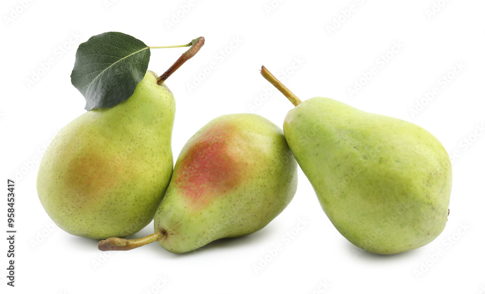 Fresh ripe pears with green leaf isolated on white Fresh ripe pears with green leaf isolated on white