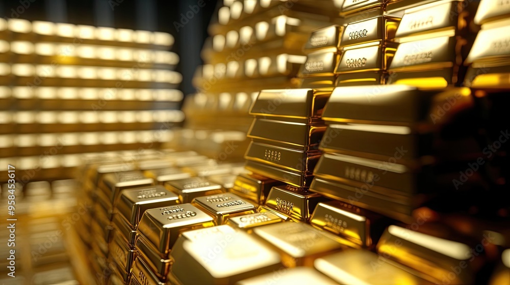Close-up view of shining gold bars stacked neatly, showcasing luxury, wealth, and investment opportunity in a financial context. Close-up view of shining gold bars stacked neatly, showcasing luxury, wealth, and investment opportunity in a financial context.