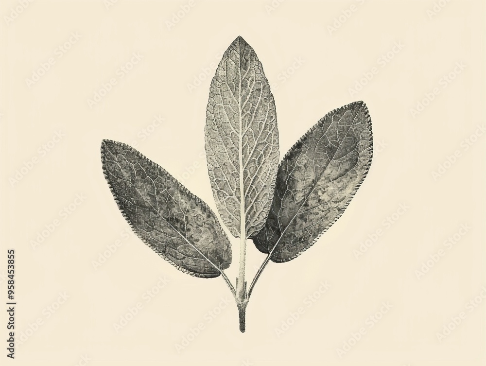 Obraz premium Three sage leaves on a stem, isolated on a white background