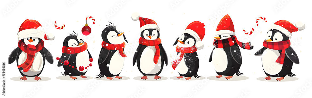 Fototapeta premium Four adorable penguins dressed in winter attire, ready for the festive season in the background