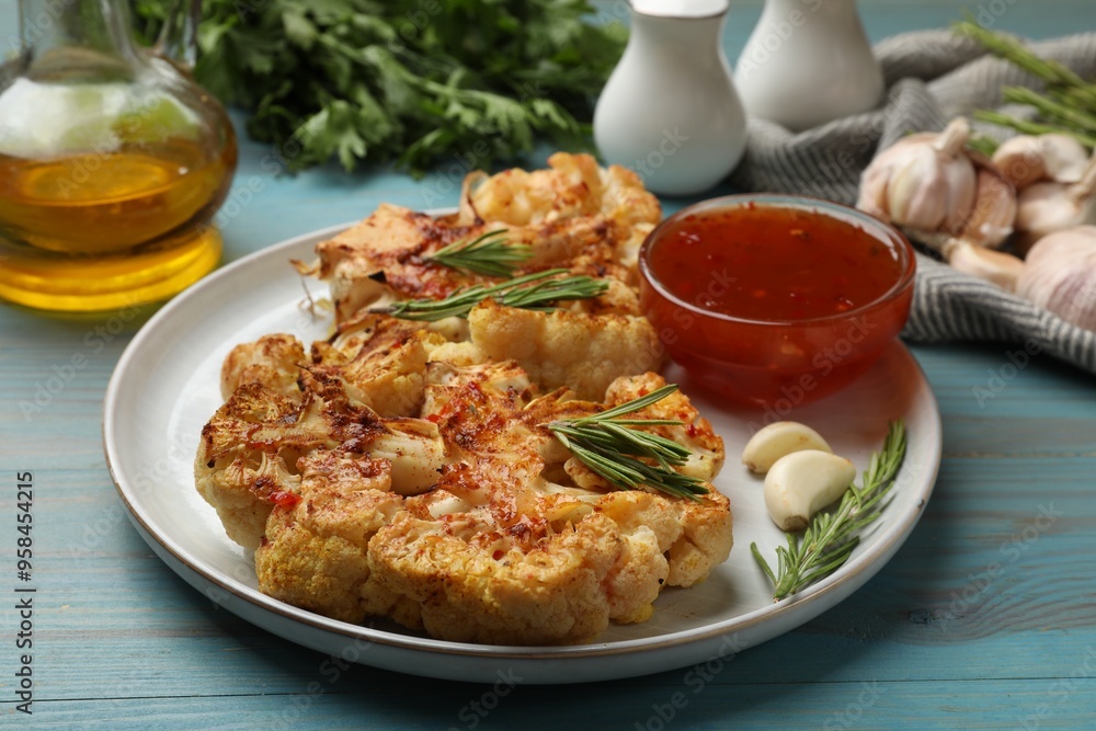 Delicious baked cauliflower steaks with sauce on blue wooden table Delicious baked cauliflower steaks with sauce on blue wooden table