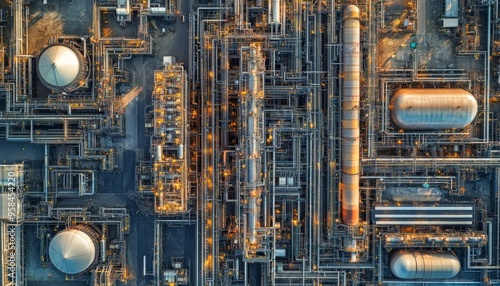 An Industrial Oil Refinery or Petroleum Refinery featuring Towering Stacks. Chemical plant refinery