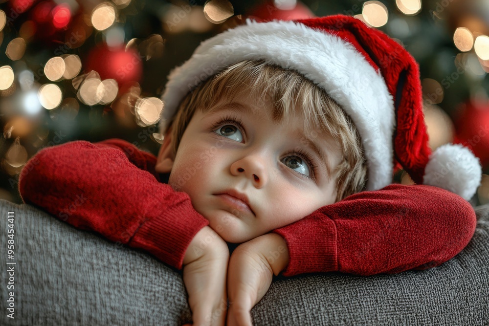 A Young Boy in a Santa Hat Gazes Upwards with Wonder A Young Boy in a Santa Hat Gazes Upwards with Wonder