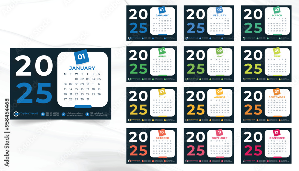 Desk calendar 2025 template set, Calendar design wall calendar 2025 design, Poster, cover design, Set of 12 Months, Week start Monday, Desk calendar 2025 template set, Calendar design wall calendar 2025 design, Poster, cover design, Set of 12 Months, Week start Monday,