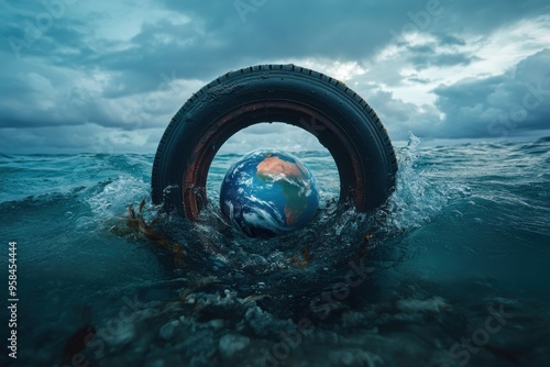 The image shows a tire ring holding and enveloping Earth amidst ocean waves, emphasizing the critical need for addressing worldwide environmental issues. photo