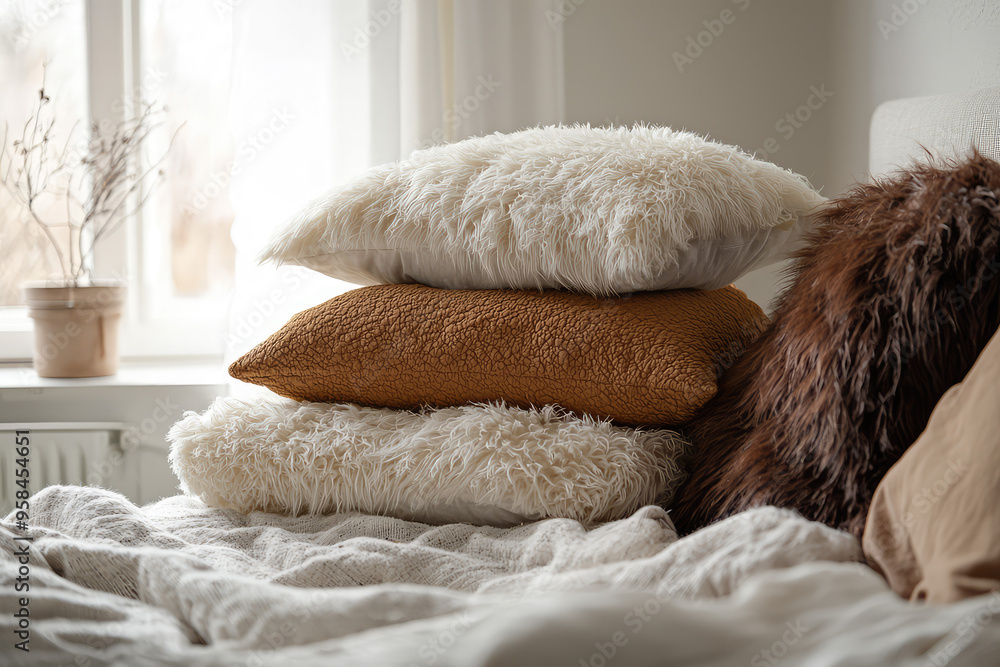 A stack of fluffy pillows, invitingly arranged on a bed, beckoning you to sink into comfort and relaxation.