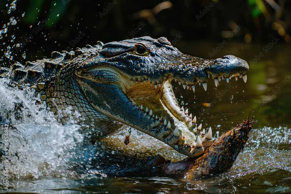 A Crocodile's Deadly Grip: Jaws Snapping Shut on Prey in a Splash of Water. A Crocodile's Deadly Grip: Jaws Snapping Shut on Prey in a Splash of Water.