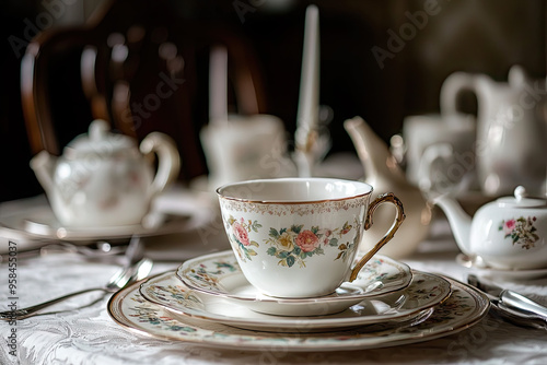 A delicate floral teacup and saucer set, adorned with intricate patterns, ready for a delightful afternoon tea.