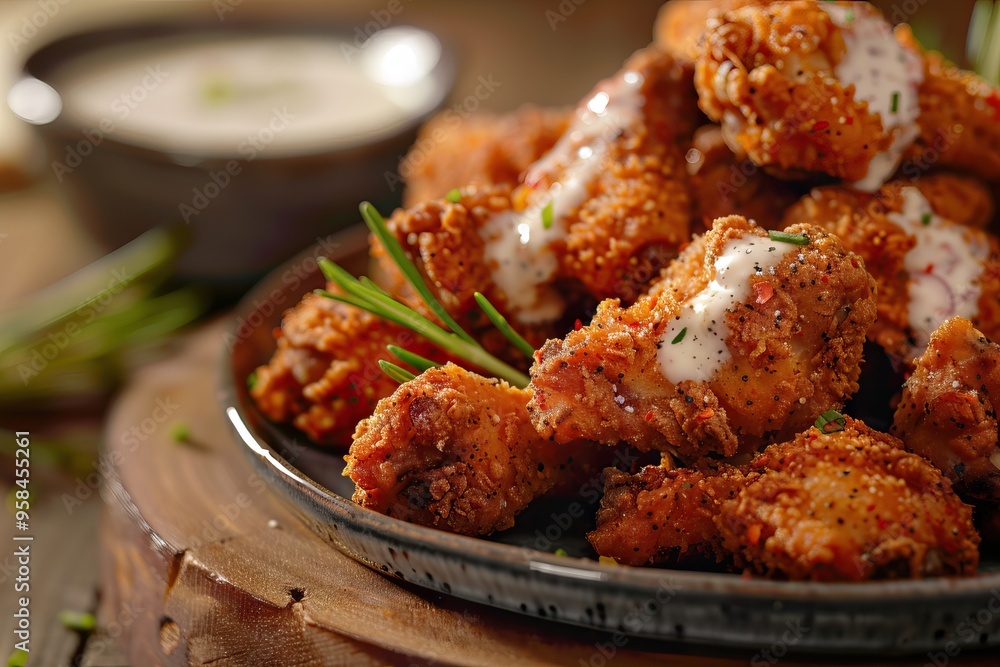 Fototapeta premium Spicy Deep Fried Breaded Chicken Wings with Ranch Chicken Wings